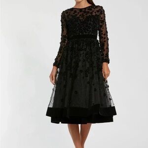 Mac Duggal Black Velvet Embellished Illusion Long Sleeve A-Line Midi Dress